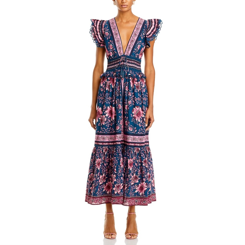 NWT $280 FARM Rio Anika Cotton Printed Charm Teal Midi Dress, size Large! - Picture 2 of 11